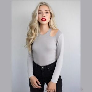 Zara White Black Collection Ribbed Cold Shoulder Cutout Long Sleeve Top Large